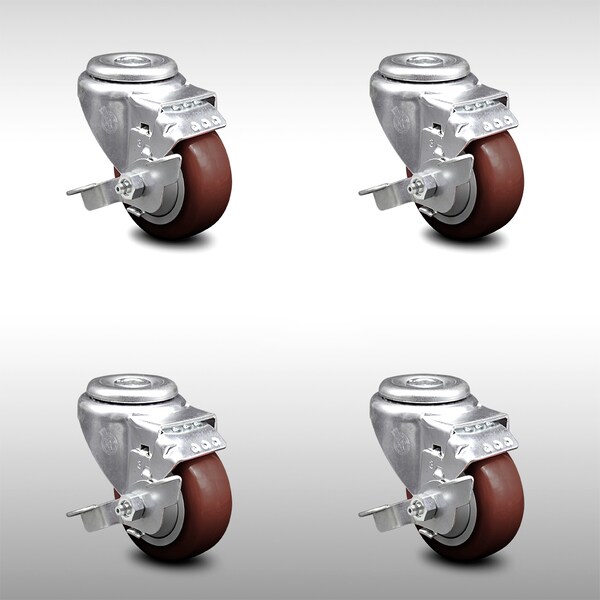 3 Inch SS Maroon Polyurethane Wheel Swivel Bolt Hole Caster Set with Brake SCC